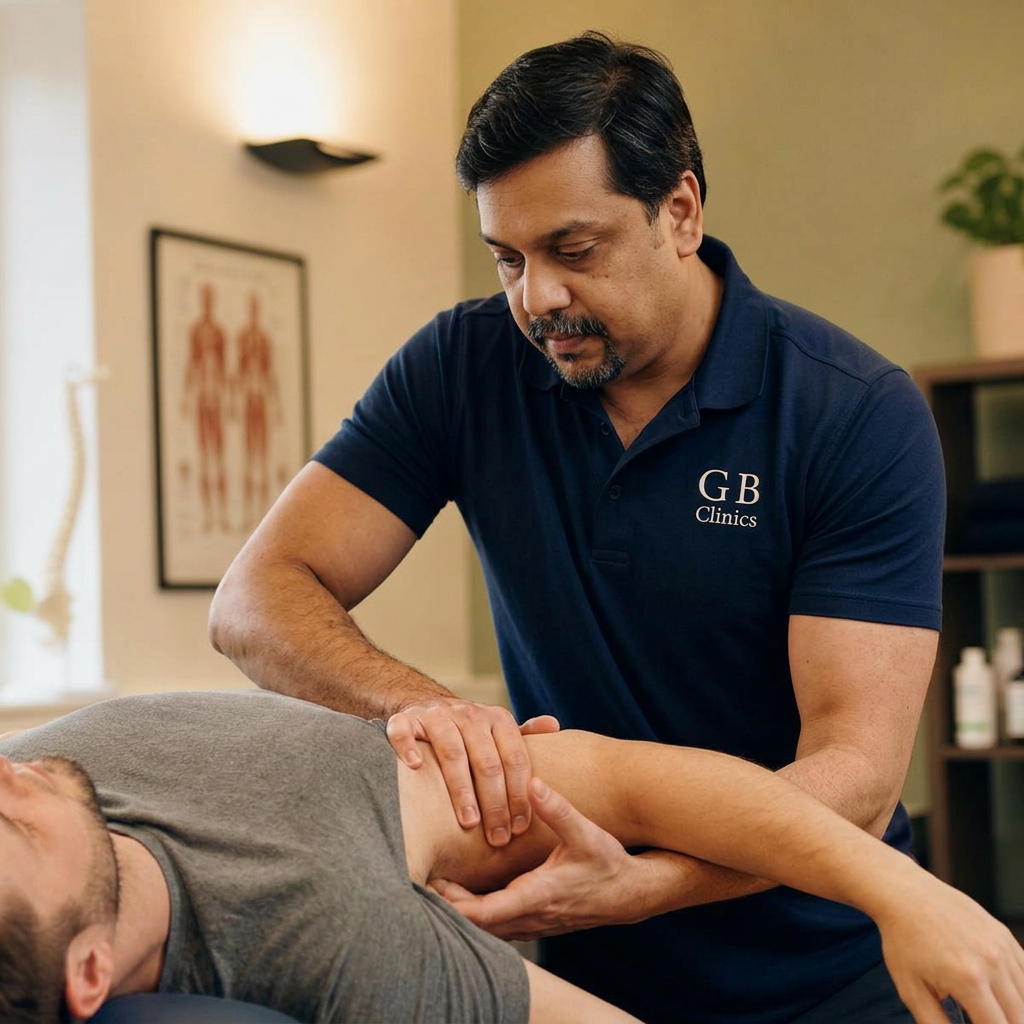 A calm, sunlit physiotherapy treatment room at G B Clinics, Botley, Oxford